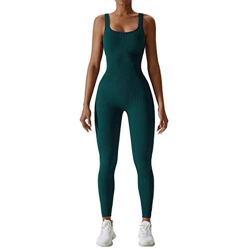 OEAK Damen Sport Jumpsuit Lang Eng Yoga Overall Ärmellos Playsuits Gerippte Workout Bodysuit Stretch Jogging Strampler Trainingsanzug,Dunkelgrün,M von OEAK