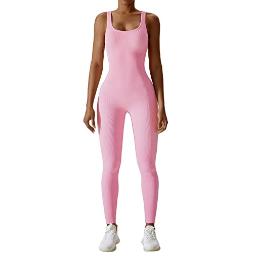 OEAK Damen Sport Jumpsuit Lang Eng Yoga Overall Ärmellos Playsuits Gerippte Workout Bodysuit Stretch Jogging Strampler Trainingsanzug,Pink,L von OEAK