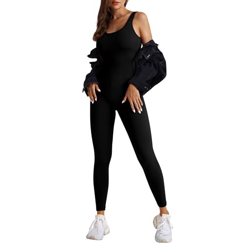 OEAK Damen Sport Jumpsuit Lang Eng Yoga Overall Ärmellos Playsuits Gerippte Workout Bodysuit Stretch Jogging Strampler Trainingsanzug,V-Rücken Schwarz,L von OEAK