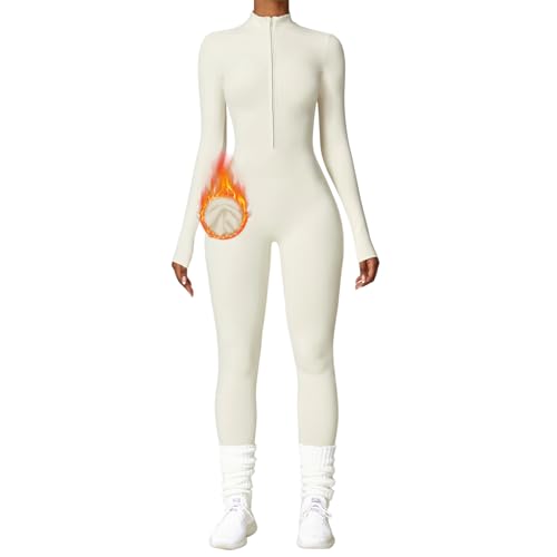 OEAK Damen Sport Jumpsuit Lang Eng Yoga Overall Langarm Rollkragen Playsuits mit Rei?verschluss Nahtloser Fleece gefüttert Bodysuit Einteiler Romper(Beige，XL) von OEAK