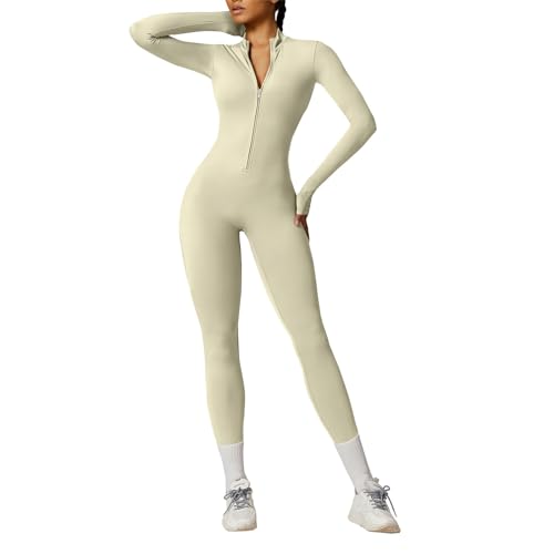 OEAK Damen Sport Jumpsuit Lang Eng Yoga Overall Langarm Rollkragen Playsuits mit Reißverschluss Nahtloser Bodysuit Bodycon Strampler Einteiler Romper,Aprikose,L von OEAK