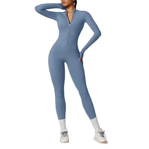 OEAK Damen Sport Jumpsuit Lang Eng Yoga Overall Langarm Rollkragen Playsuits mit Reißverschluss Nahtloser Bodysuit Bodycon Strampler Einteiler Romper,Hellblau,S von OEAK