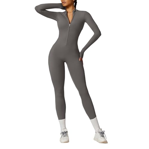 OEAK Damen Sport Jumpsuit Lang Eng Yoga Overall Langarm Rollkragen Playsuits mit Reißverschluss Nahtloser Bodysuit Bodycon Strampler Einteiler Romper,Hellgrau,L OEAK Damen Sport Jumpsuit Lang Eng Yoga Overall Langarm Rollkragen Playsuits mit Reißverschluss Nahtloser Bodysuit Bodycon Strampler Einteiler Romper,Hellgrau,L von OEAK