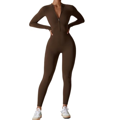 OEAK Damen Sport Jumpsuit Lang Eng Yoga Overall Langarm Rollkragen Playsuits mit Reißverschluss Nahtloser Bodysuit Bodycon Strampler Einteiler Romper,Kaffee (Keine Fleecegefüttert,S von OEAK