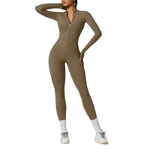 OEAK Damen Sport Jumpsuit Lang Eng Yoga Overall Langarm Rollkragen Playsuits mit Reißverschluss Nahtloser Bodysuit Bodycon Strampler Einteiler Romper,Kamel,L von OEAK
