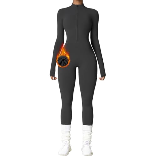 OEAK Damen Sport Jumpsuit Lang Eng Yoga Overall Langarm Rollkragen Playsuits mit Rei?verschluss Nahtloser Fleece gefüttert Bodysuit Einteiler Romper(Grau，XL) von OEAK