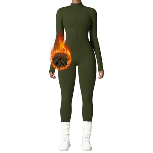 OEAK Damen Sport Jumpsuit Lang Eng Yoga Overall Langarm Rollkragen Playsuits mit Reißverschluss Nahtloser Fleece gefüttert Bodysuit Einteiler Romper,Armeegrün,M von OEAK