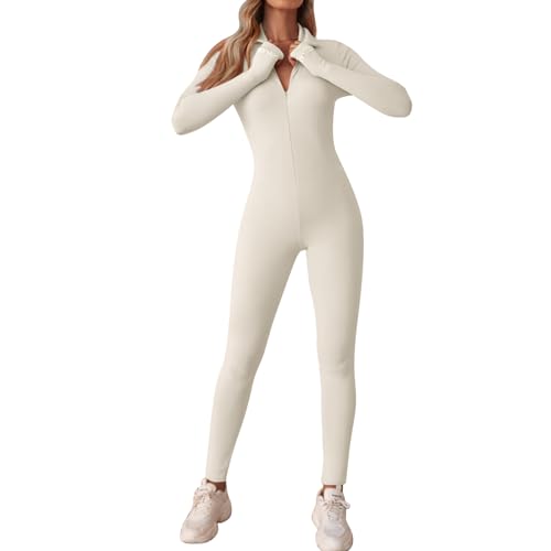 OEAK Damen Sport Jumpsuit Lang Eng Yoga Overall Langarm V-Ausschnitt Playsuits mit Reißverschluss Einteiliger Strampler Slim Fit Trainingsanzug,Beige,M von OEAK