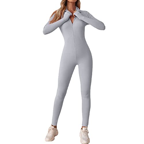 OEAK Damen Sport Jumpsuit Lang Eng Yoga Overall Langarm V-Ausschnitt Playsuits mit Reißverschluss Einteiliger Strampler Slim Fit Trainingsanzug,Grau,M von OEAK