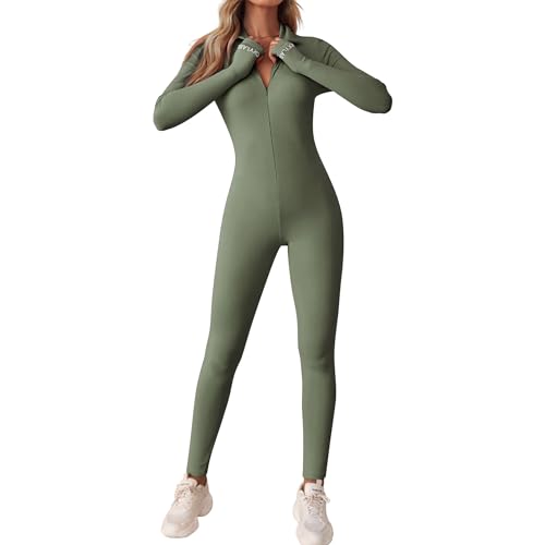 OEAK Damen Sport Jumpsuit Lang Eng Yoga Overall Langarm V-Ausschnitt Playsuits mit Reißverschluss Einteiliger Strampler Slim Fit Trainingsanzug,Grün,M von OEAK