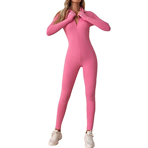 OEAK Damen Sport Jumpsuit Lang Eng Yoga Overall Langarm V-Ausschnitt Playsuits mit Reißverschluss Einteiliger Strampler Slim Fit Trainingsanzug,Rosa,M von OEAK