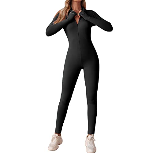 OEAK Damen Sport Jumpsuit Lang Eng Yoga Overall Langarm V-Ausschnitt Playsuits mit Reißverschluss Einteiliger Strampler Slim Fit Trainingsanzug,Schwarz,L von OEAK