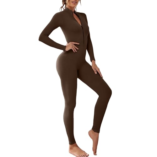 OEAK Damen Sport Jumpsuit Lang Eng Yoga Overall Langarm V-Ausschnitt Playsuits mit Reißverschluss Jogging Strampler Hosenanzug Trainingsanzug,Braun,L von OEAK