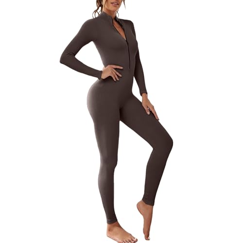 OEAK Damen Sport Jumpsuit Lang Eng Yoga Overall Langarm V-Ausschnitt Playsuits mit Reißverschluss Jogging Strampler Hosenanzug Trainingsanzug,Dunkelbraun,S von OEAK