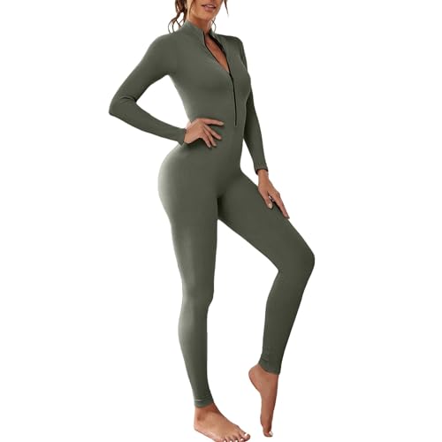 OEAK Damen Sport Jumpsuit Lang Eng Yoga Overall Langarm V-Ausschnitt Playsuits mit Reißverschluss Jogging Strampler Hosenanzug Trainingsanzug,Dunkelgrau,M von OEAK