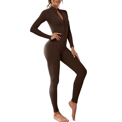 OEAK Damen Sport Jumpsuit Lang Eng Yoga Overall Langarm V-Ausschnitt Playsuits mit Reißverschluss Jogging Strampler Hosenanzug Trainingsanzug,Kaffee,L von OEAK