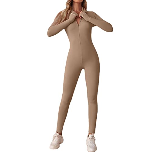 OEAK Damen Sport Jumpsuit Lang Eng Yoga Overall Langarm V-Ausschnitt Playsuits mit Reißverschluss Einteiliger Strampler Slim Fit Trainingsanzug,Khaki,L von OEAK