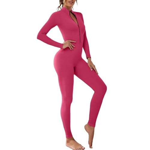 OEAK Damen Sport Jumpsuit Lang Eng Yoga Overall Langarm V-Ausschnitt Playsuits mit Reißverschluss Jogging Strampler Hosenanzug Trainingsanzug,Rosenrot,M von OEAK