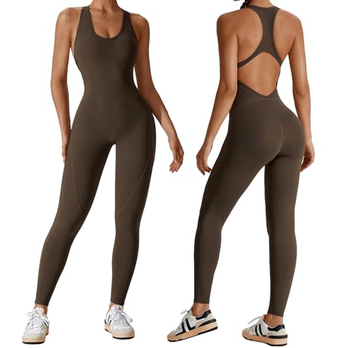 OEAK Damen Sport Jumpsuit Lang Eng Yoga Overall Sexy Ärmellos Racerback Playsuits Workout Bodysuit Stretch Bodycon Strampler Einteiler Ganzkörperanzug(Kaffee，L) von OEAK