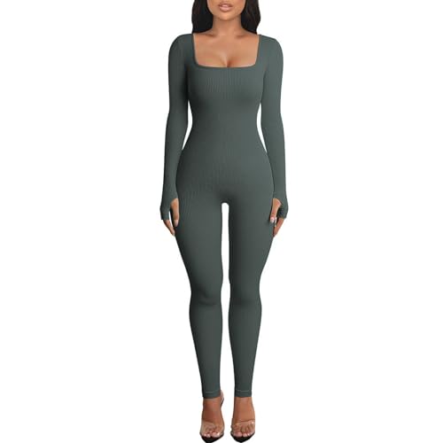 OEAK Damen Sport Workout Jumpsuit Lang Eng Yoga Bodysuit Playsuits Gerippte Strick Overall Stretch Langarm Bodycon Strampler Sportanzug(Dunkelgrün，L) von OEAK