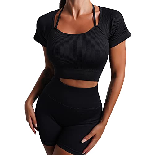 OEAK Damen Sportanzüge Jogginganzug 2 Stück Gerippt Workout Set Kurzarm Top und Hohe Taille Shorts Gym Bekleidungssets Nahtlose Yoga Outfit,Schwarz,S von OEAK