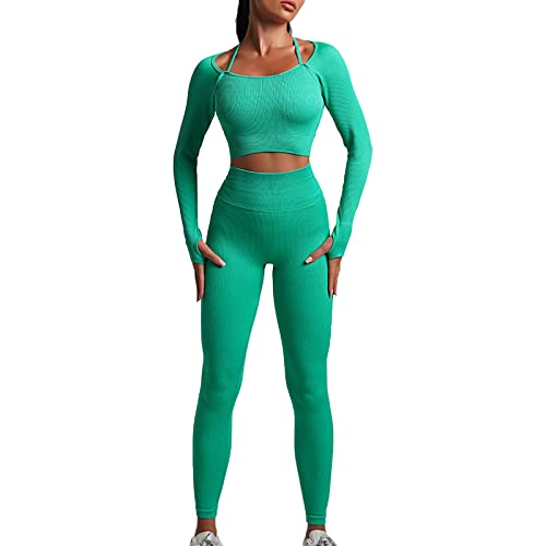 OEAK Damen Sportanzüge Jogginganzug 2 Stück Gerippt Workout Set Langarm Top und Hohe Taille Leggings Gym Bekleidungssets Nahtlose Yoga Outfit,Grün,L von OEAK