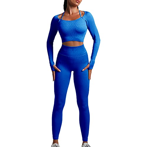 OEAK Damen Sportanzüge Jogginganzug 2 Stück Gerippt Workout Set Langarm Top und Hohe Taille Leggings Gym Bekleidungssets Nahtlose Yoga Outfit,Königsblau,L von OEAK