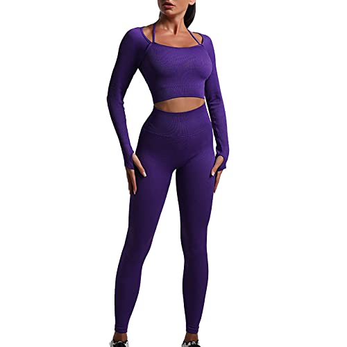 OEAK Damen Sportanzüge Jogginganzug 2 Stück Gerippt Workout Set Langarm Top und Hohe Taille Leggings Gym Bekleidungssets Nahtlose Yoga Outfit,Lila,L von OEAK