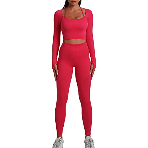 OEAK Damen Sportanzüge Jogginganzug 2 Stück Gerippt Workout Set Langarm Top und Hohe Taille Leggings Gym Bekleidungssets Nahtlose Yoga Outfit,Rot,M von OEAK