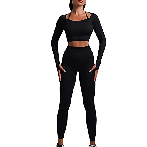 OEAK Damen Sportanzüge Jogginganzug 2 Stück Gerippt Workout Set Langarm Top und Hohe Taille Leggings Gym Bekleidungssets Nahtlose Yoga Outfit,Schwarz,L von OEAK