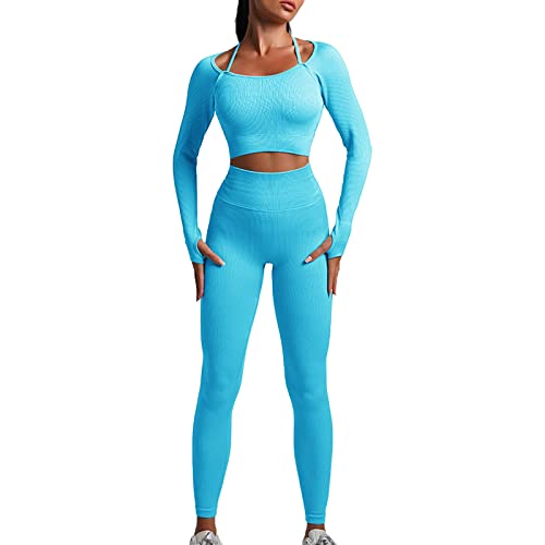 OEAK Damen Sportanzüge Jogginganzug 2 Stück Gerippt Workout Set Langarm Top und Hohe Taille Leggings Gym Bekleidungssets Nahtlose Yoga Outfit,Seeblau,L von OEAK