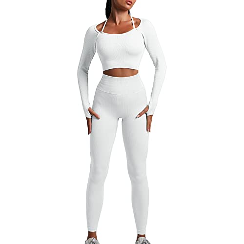 OEAK Damen Sportanzüge Jogginganzug 2 Stück Gerippt Workout Set Langarm Top und Hohe Taille Leggings Gym Bekleidungssets Nahtlose Yoga Outfit,Weiß,L von OEAK