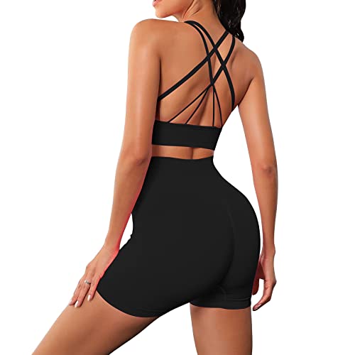 OEAK Damen Sportanzüge Jogginganzug 2 Stücke Nahtlose Yoga Outfit Crossback Sport BH und Hoher Taille Shorts Sportbekleidung für Gym Yoga Fitness,Schwarz,M von OEAK