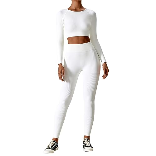 OEAK Damen Sportanzüge Jogginganzug Sport Sets Hosen und Sport Crop Top 2 Stücke Bekleidungssets Yoga Outfit Freizeitanzug Sportswear,Beige,S von OEAK