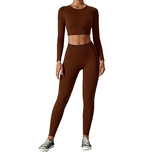 OEAK Damen Sportanzüge Jogginganzug Sport Sets Hosen und Sport Crop Top 2 Stücke Bekleidungssets Yoga Outfit Freizeitanzug Sportswear,Braun,L von OEAK