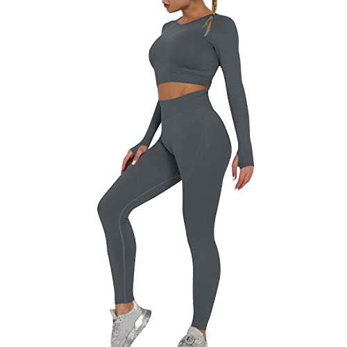 OEAK Damen Sportanzüge Jogginganzug Sport Sets Yoga Outfit Langarm Top und Hohe Taille Leggings 2 Stücke Gym Kleidung Set Sportswear,Dunkelgrau,M von OEAK