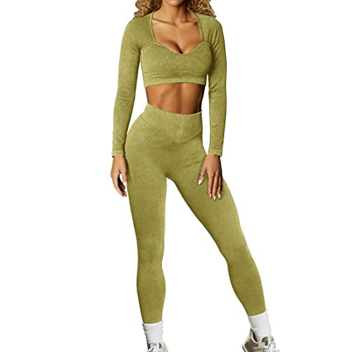 OEAK Damen Sportanzüge Jogginganzug Sport Sets Gerippt Workout Set Sport Crop Top mit Hoher Taille Leggings Gym Bekleidungssets Activewear,E Grasgrün,L von OEAK