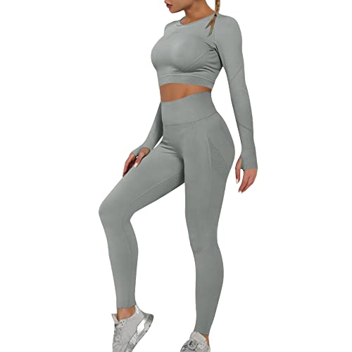 OEAK Damen Sportanzüge Jogginganzug Sport Sets Hosen und Sport Crop Top 2 Stücke Bekleidungssets Yoga Outfit Freizeitanzug Sportswear,Graugrün C,L von OEAK