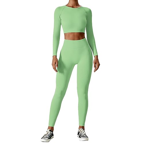 OEAK Damen Sportanzüge Jogginganzug Sport Sets Hosen und Sport Crop Top 2 Stücke Bekleidungssets Yoga Outfit Freizeitanzug Sportswear,Hellgrün,L von OEAK