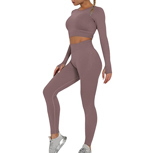 OEAK Damen Sportanzüge Jogginganzug Sport Sets Yoga Outfit Langarm Top und Hohe Taille Leggings 2 Stücke Gym Kleidung Set Sportswear,Kaffee,S von OEAK