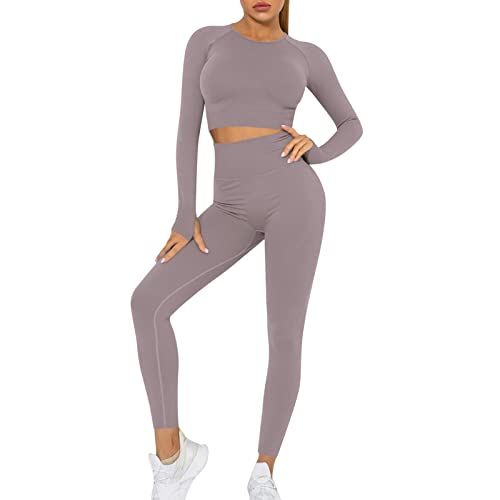 OEAK Damen Sportanzüge Jogginganzug Sport Sets Yoga Outfit Langarm Top und Hohe Taille Leggings 2 Stücke Gym Kleidung Set Sportswear,Lila,L von OEAK