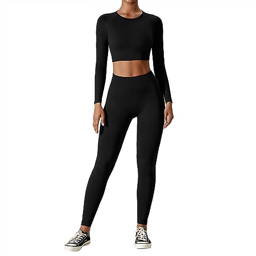 OEAK Damen Sportanzüge Jogginganzug Sport Sets Hosen und Sport Crop Top 2 Stücke Bekleidungssets Yoga Outfit Freizeitanzug Sportswear,Schwarz,L von OEAK