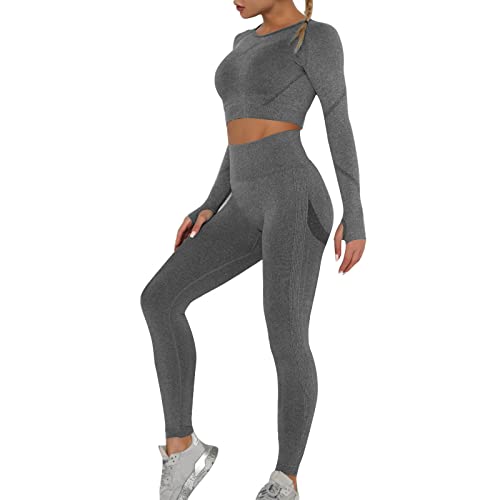 OEAK Damen Sportanzüge Jogginganzug Sport Sets Hosen und Sport Crop Top 2 Stücke Bekleidungssets Yoga Outfit Freizeitanzug Sportswear,Dunkelgrau C,L von OEAK