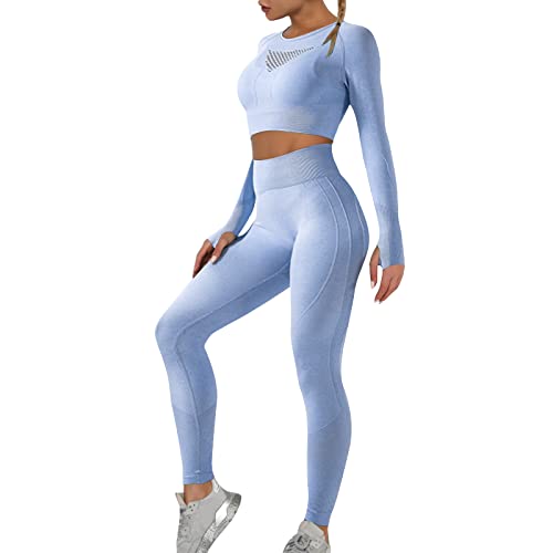 OEAK Damen Sportanzüge Jogginganzug Sport Sets Langarm Top und Hohe Taille Leggings 2 Stücke Bekleidungssets Nahtlose Yoga Outfit Sportswear,Himmelblau D,M von OEAK