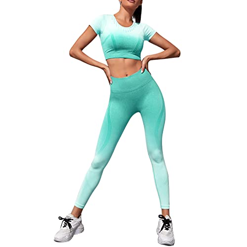 OEAK Damen Sportanzüge Jogginganzug Sport Sets Leggings und Kurzarm Bauchfrei Sweatshirts Farbverlauf Yoga Outfit 2 Stücke Bekleidungssets,Hellgrün,S von OEAK