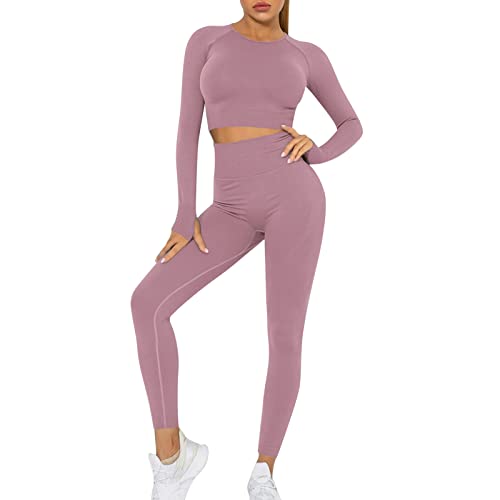 OEAK Damen Sportanzüge Jogginganzug Sport Sets Yoga Outfit Langarm Top und Hohe Taille Leggings 2 Stücke Gym Kleidung Set Sportswear,Helllila,M von OEAK