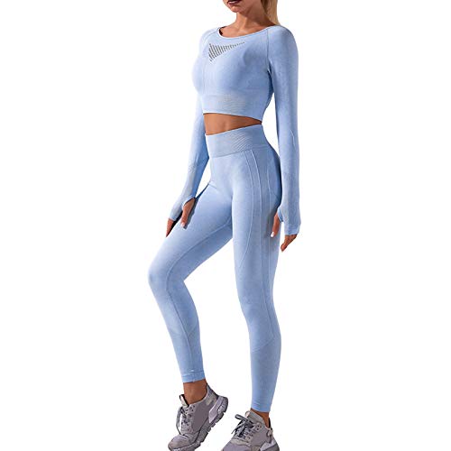 OEAK Damen Sportanzug Trainingsanzug Jogginganzug 2 Teilig Sport Sets Yoga Outfit Crop Top +Leggings Sportkleidung,B-Hellblau,M von OEAK