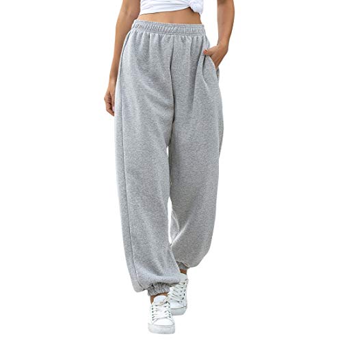 OEAK Damen Sporthosen Lang Jogginghose Loose Fit Elastischer Bund Freizeithosen Hohe TaileTraininghose mit Taschen Bequem Sweathose,Grau Verdicken,S von OEAK