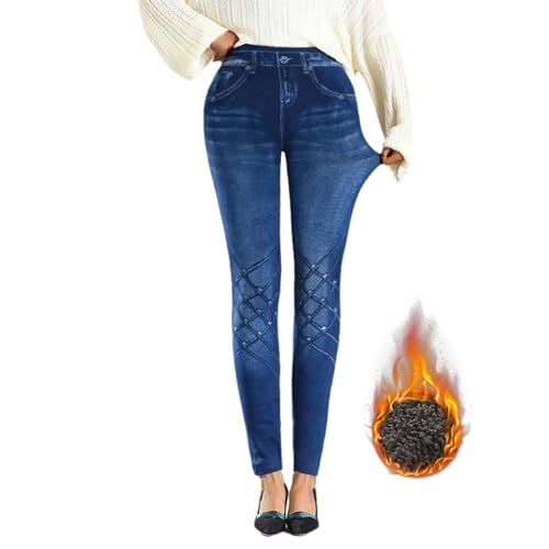 OEAK Damen Thermo Leggings Jeans-Look High Waist Jeggings gefüttert Jeansoptik Leggins Thermohose mit Innenfutter Stretch Skinny Jeanshosen Strumphose,1PC Blau Kreuz,M von OEAK