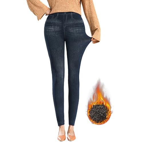 OEAK Damen Thermo Leggings Jeans-Look High Waist Jeggings gefüttert Jeansoptik Leggins Thermohose mit Innenfutter Stretch Skinny Jeanshosen Strumphose,1PC pures Schwarz,XL von OEAK